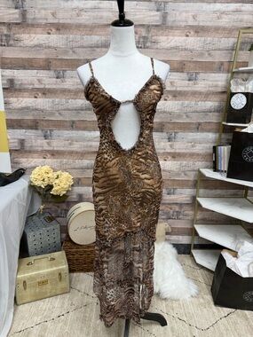 Brown Mixed Animal Print Ruffle Trime Maxi Dress Ns/XS